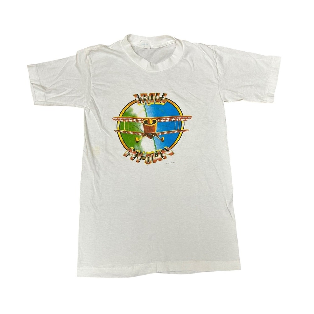 Vintage 1979 Airplane I Roll My One White Size Small Belton T Shirt Short Sleeve